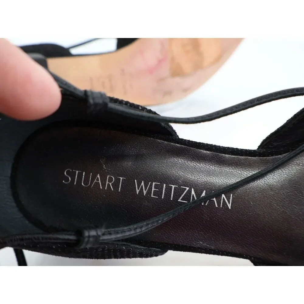 Stuart Weitzman Gilligan Ballet Flats Lace Up Pointed Toe Black Size 6 M Leather